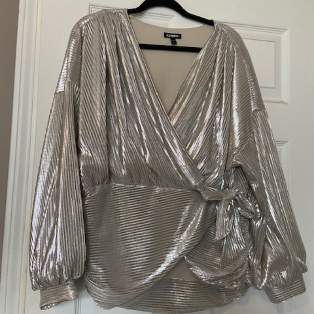 Metallic Foil Pleated Wrap Tie Waist Top